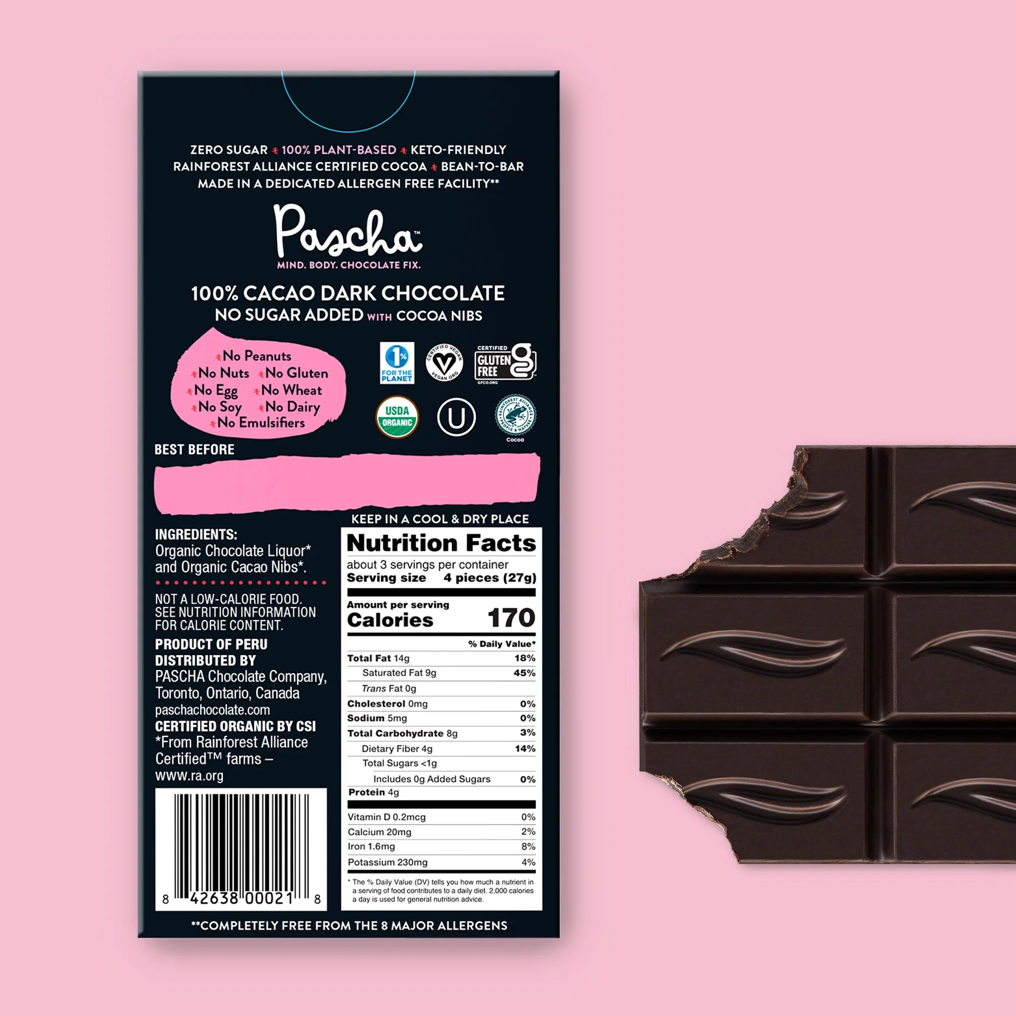 100% Cacao Organic Vegan Dark Chocolate Bar with Cocoa Nibs - Image 3