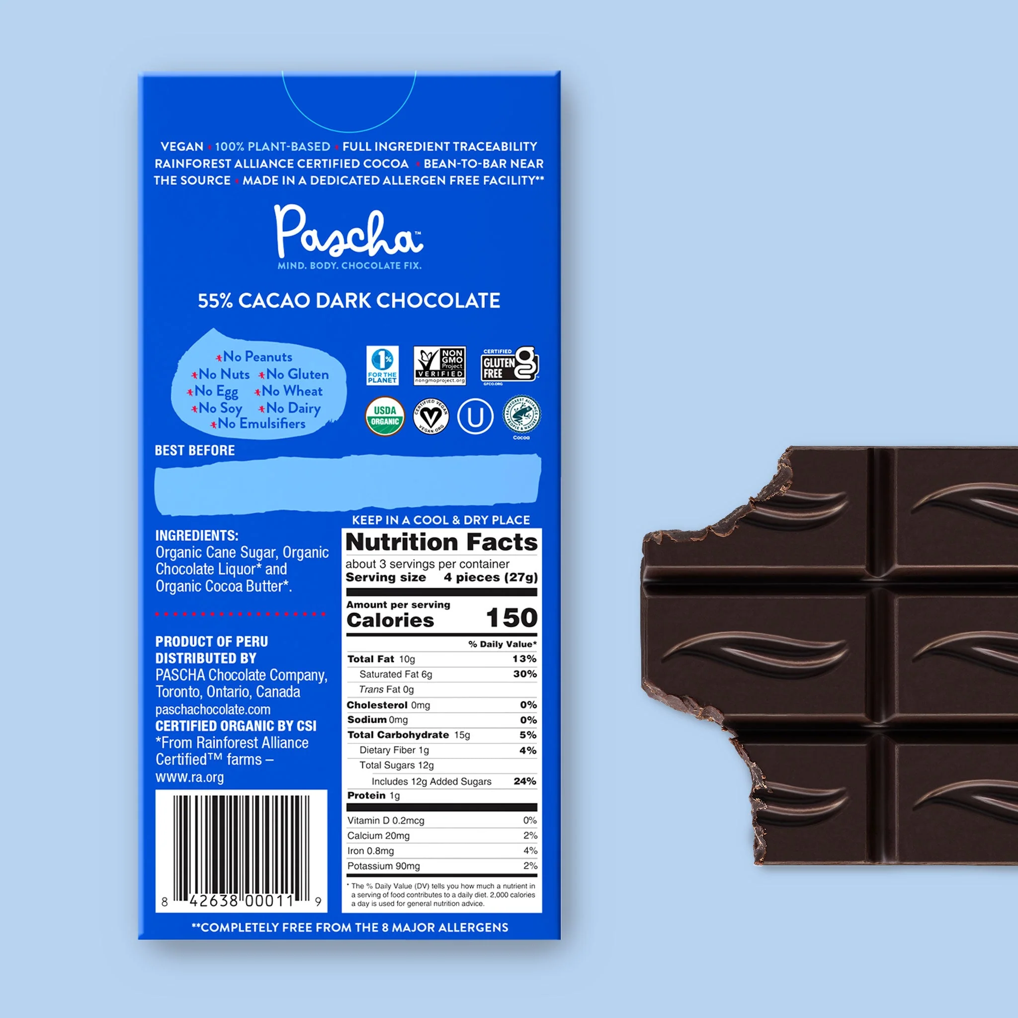 55% Cacao Organic Vegan Dark Chocolate Bar - Image 3