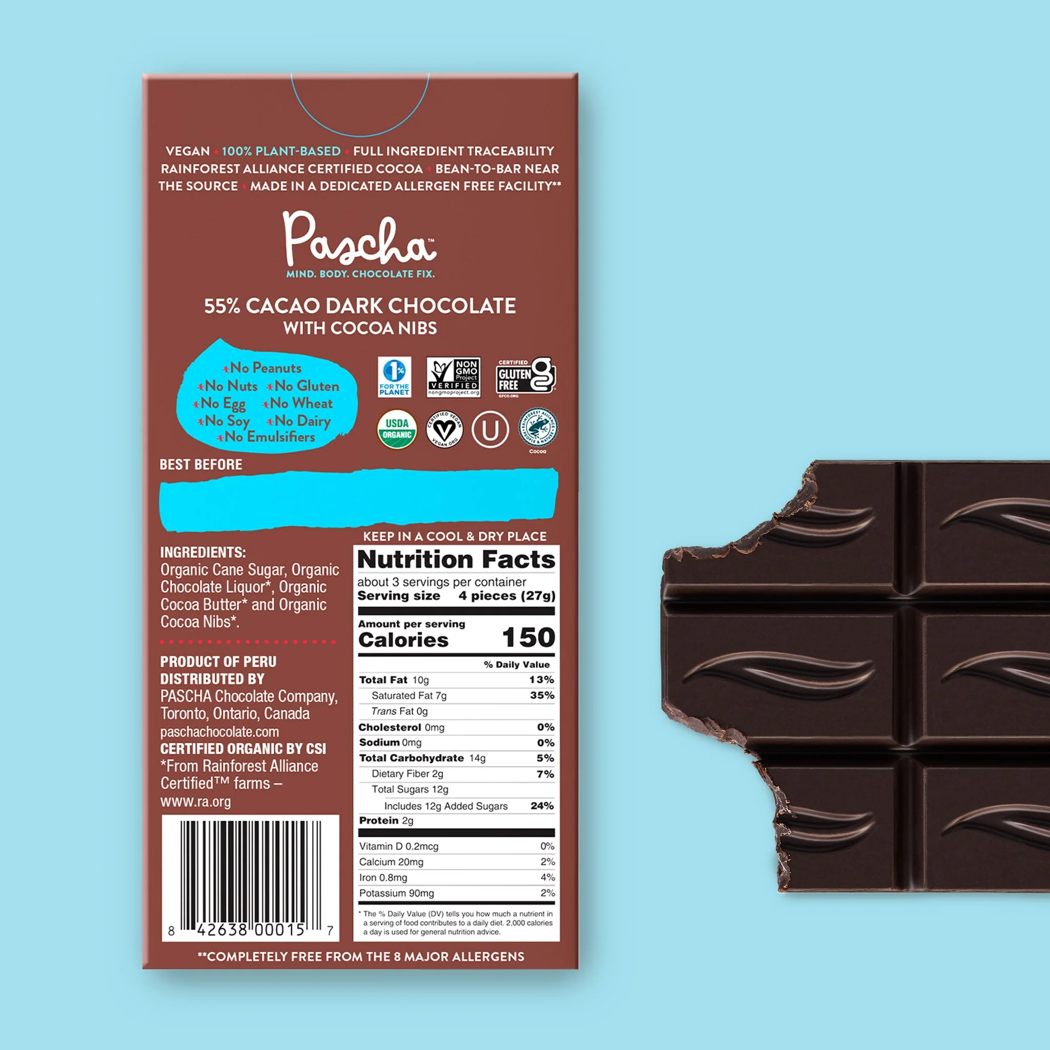 55% Cacao Organic Vegan Dark Chocolate Bar with Cocoa Nibs - Image 3