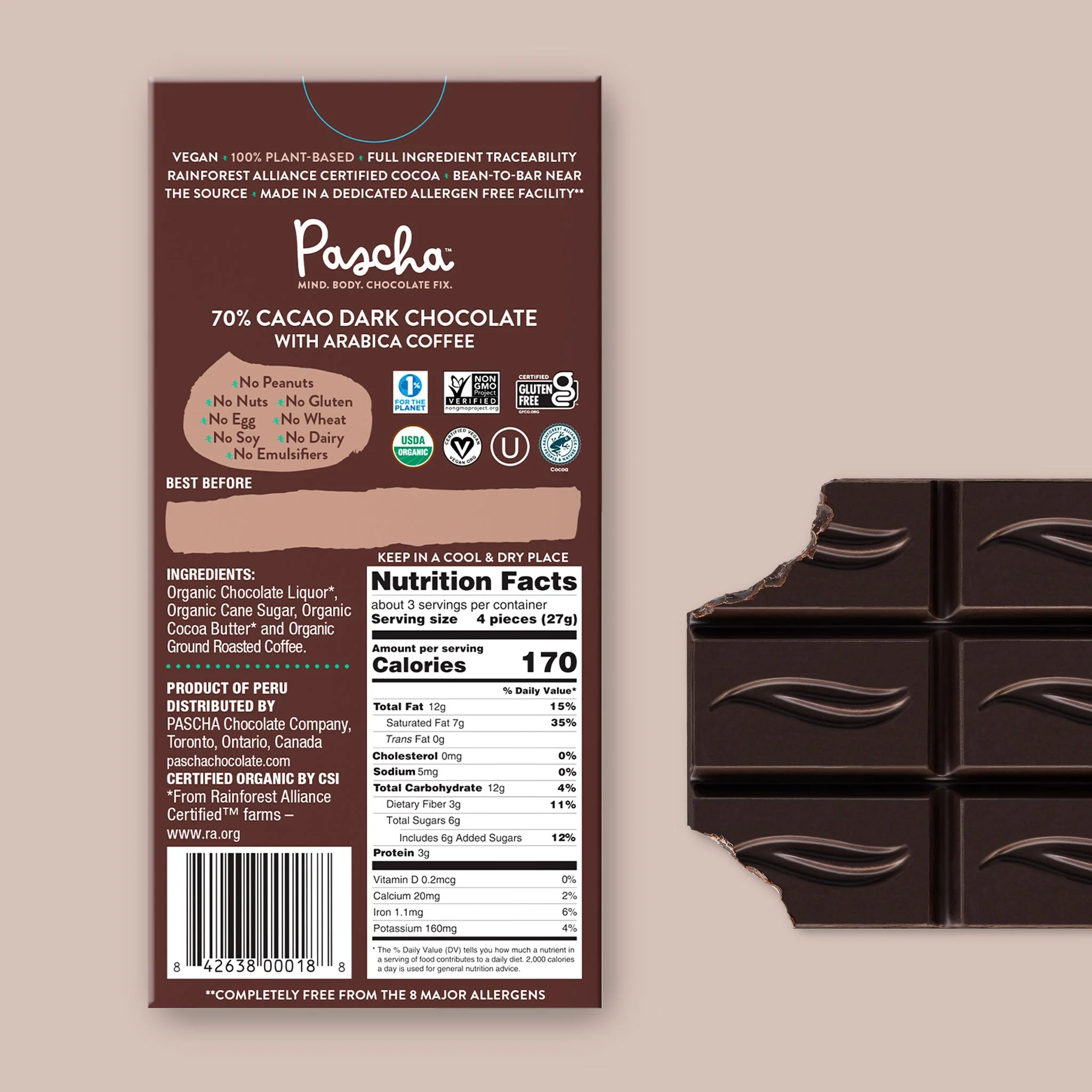 70% Cacao Organic Vegan Dark Chocolate Bar with Arabica Coffee - Image 3