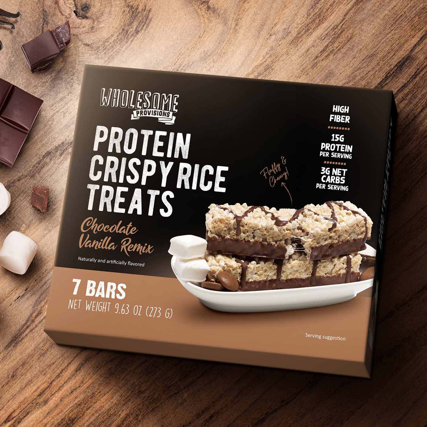 Chocolate Vanilla Protein Rice Crispy Treats - 15g Protein, Low Carb 3g Net, High Fiber, Soft & Chewy - Image 3