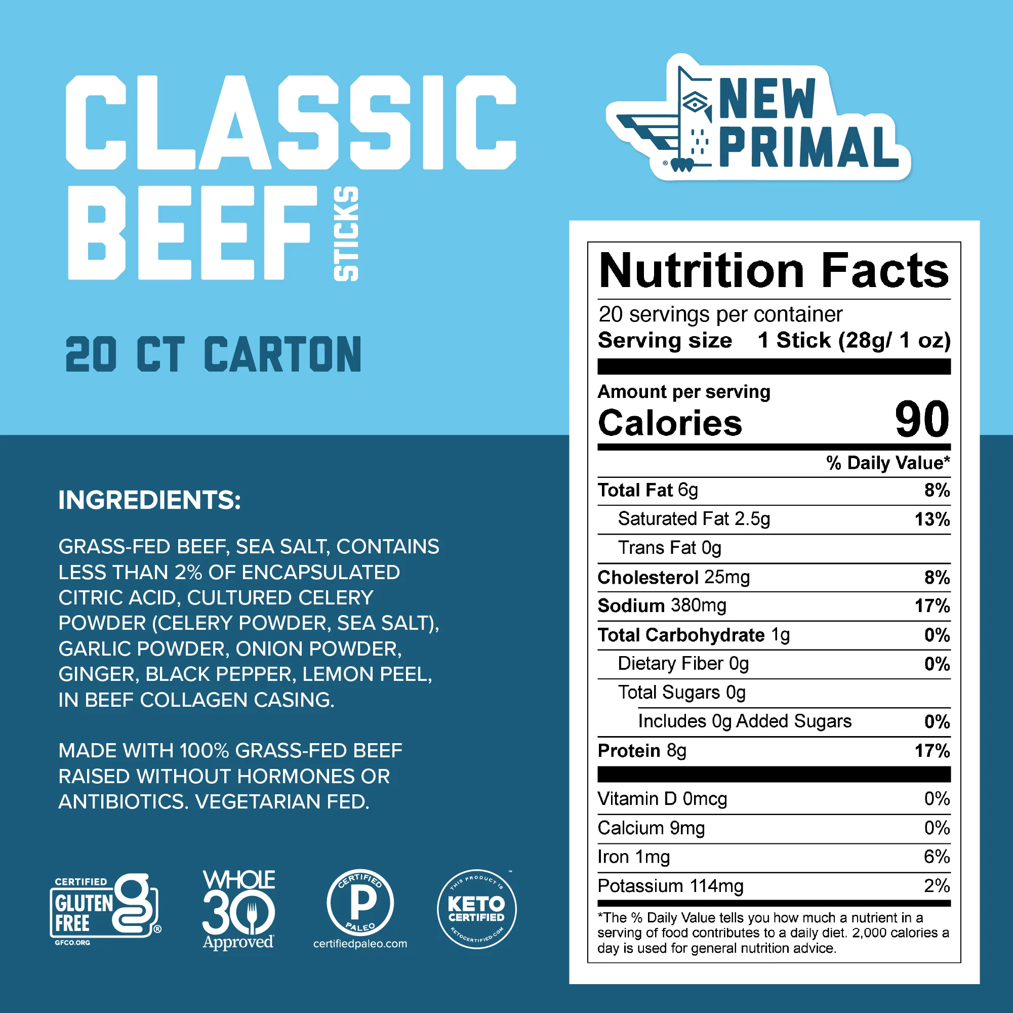 Classic Beef Meat Sticks, 100% Grass-Fed Beef, Zero Sugar (20 Sticks) - Image 3