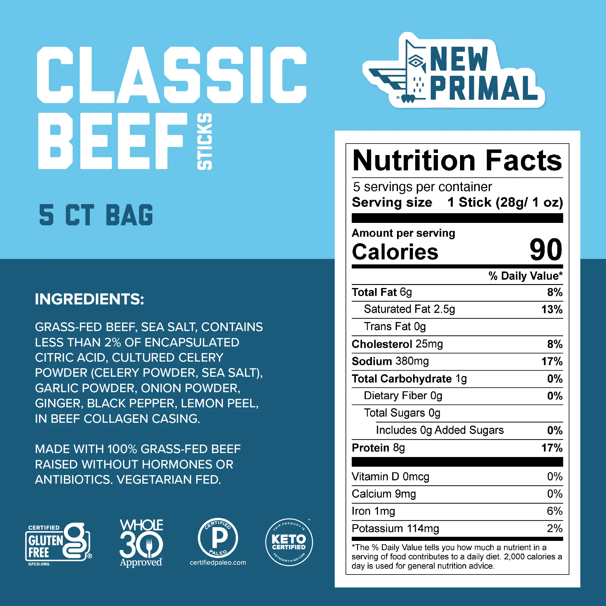 Classic Beef Meat Sticks, 100% Grass-Fed Beef, Zero Sugar (5 Sticks) - Image 3