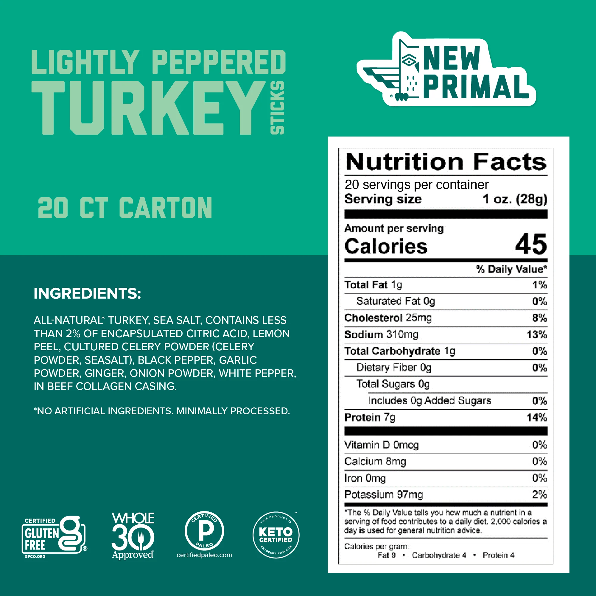 Lightly Peppered Turkey Meat Sticks, All-Natural Turkey, Zero Sugar (20 Sticks) - Image 3