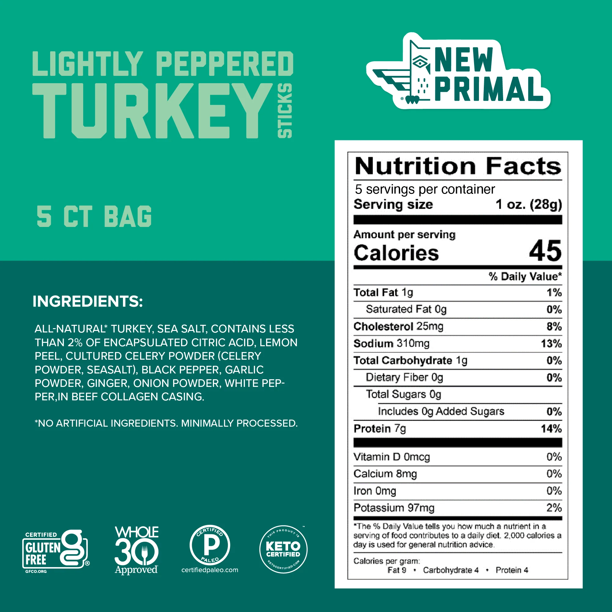 Lightly Peppered Turkey Meat Sticks, All-Natural Turkey, Zero Sugar (5 Sticks) - Image 3