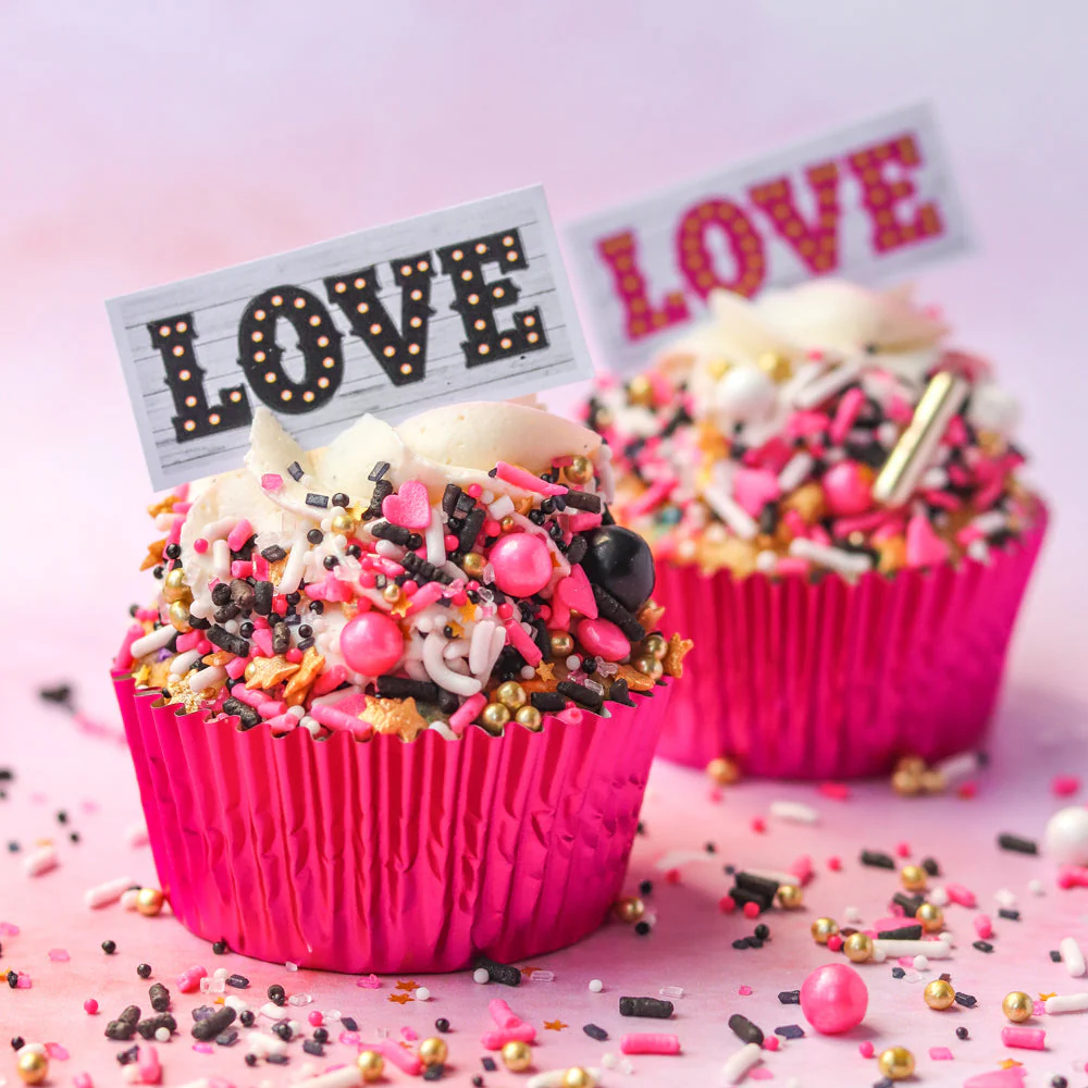 Pink & Black Marquee Love Edible Cupcake Toppers - Image 2