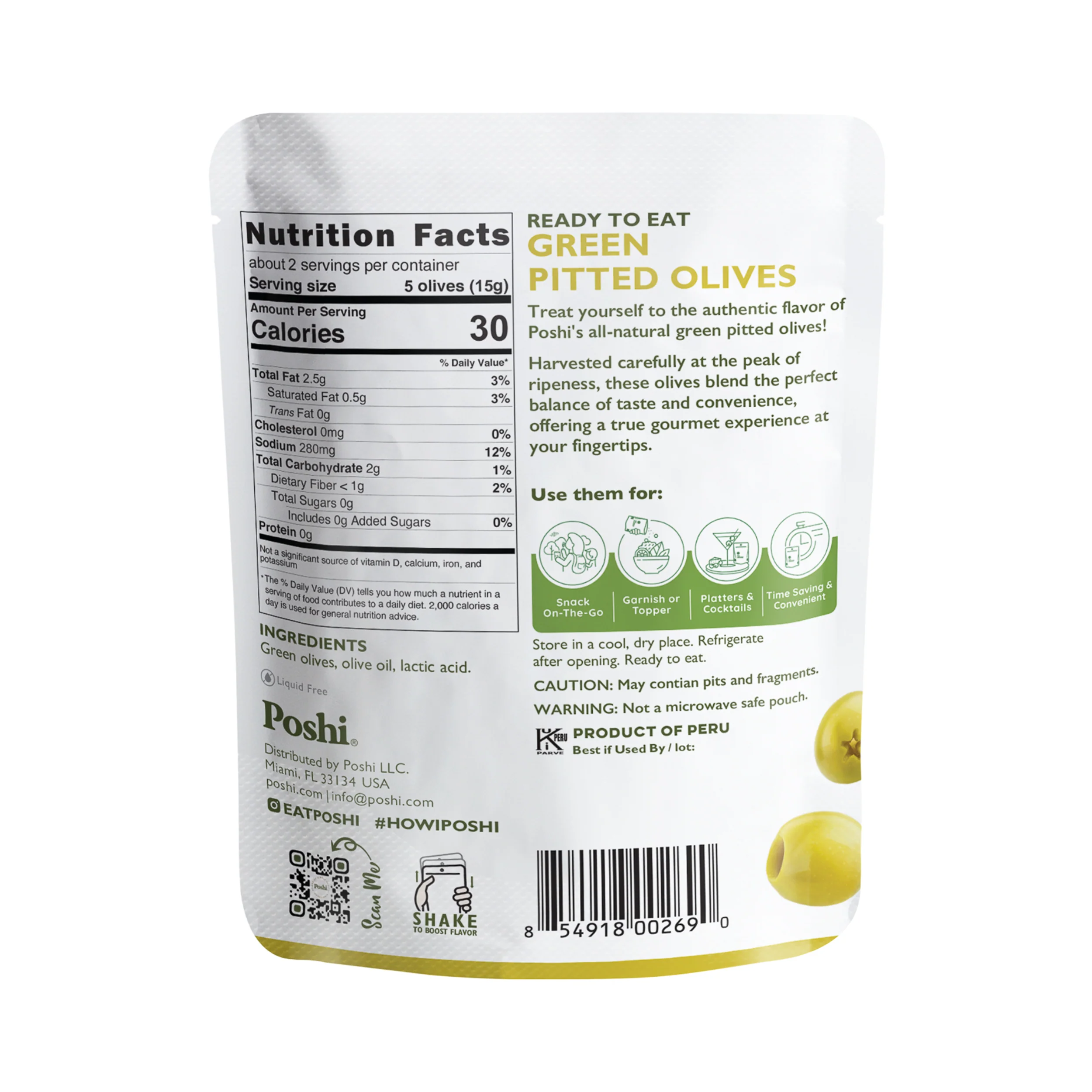 Pitted Green Olives Original Flavor - 10 Snack Packs (1.1 OZ/Pouch) - Image 3