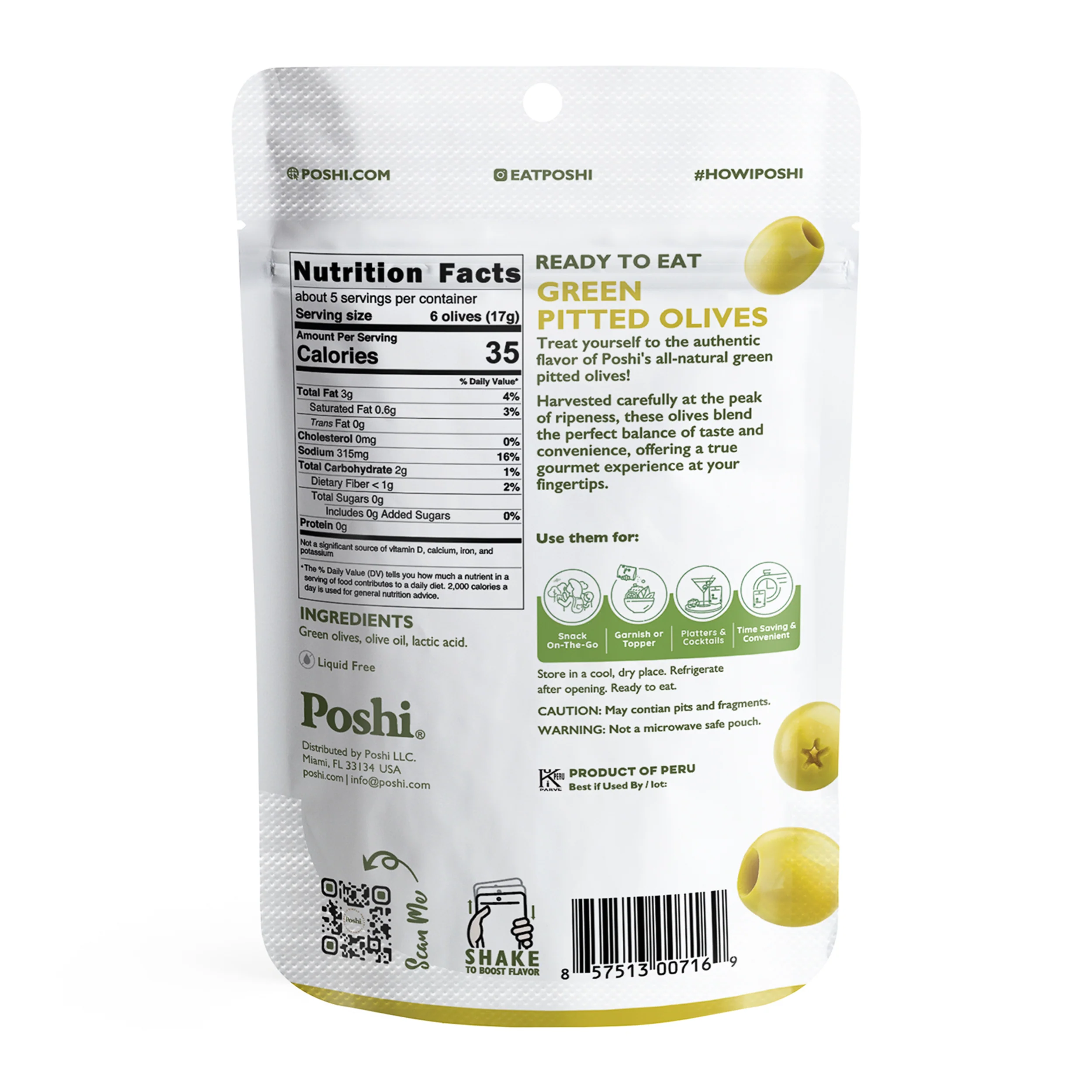 Pitted Green Olives Original Flavor - 10 Snack Packs (3 OZ/Pouch) - Image 3