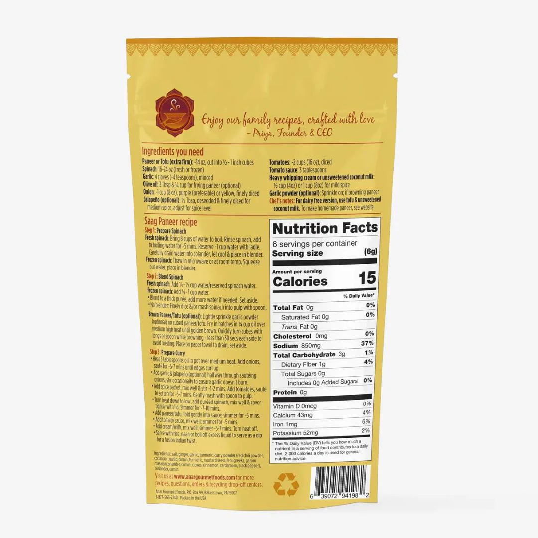 Saag Paneer/Tofu Gourmet Seasoning Mix | Family Size - Image 6